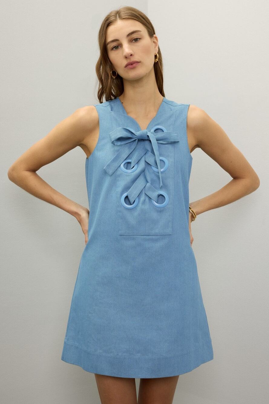 English Factory Sz S Blue Denim Lace Up Grommet A-Line Sleeveless Mini Dress